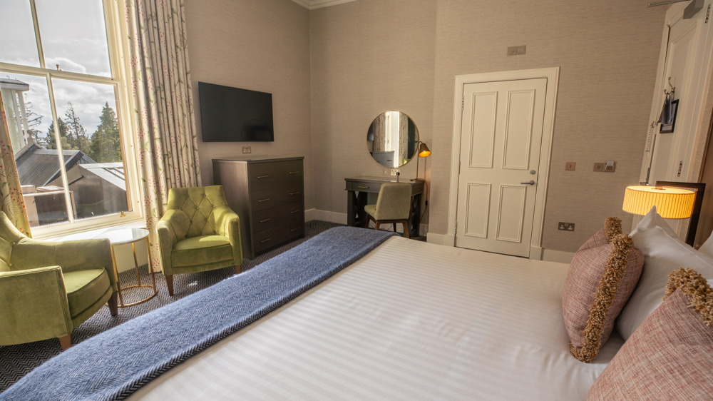 Guest Double room with king-sized bed, dresser, TV, two chairs, and a window.